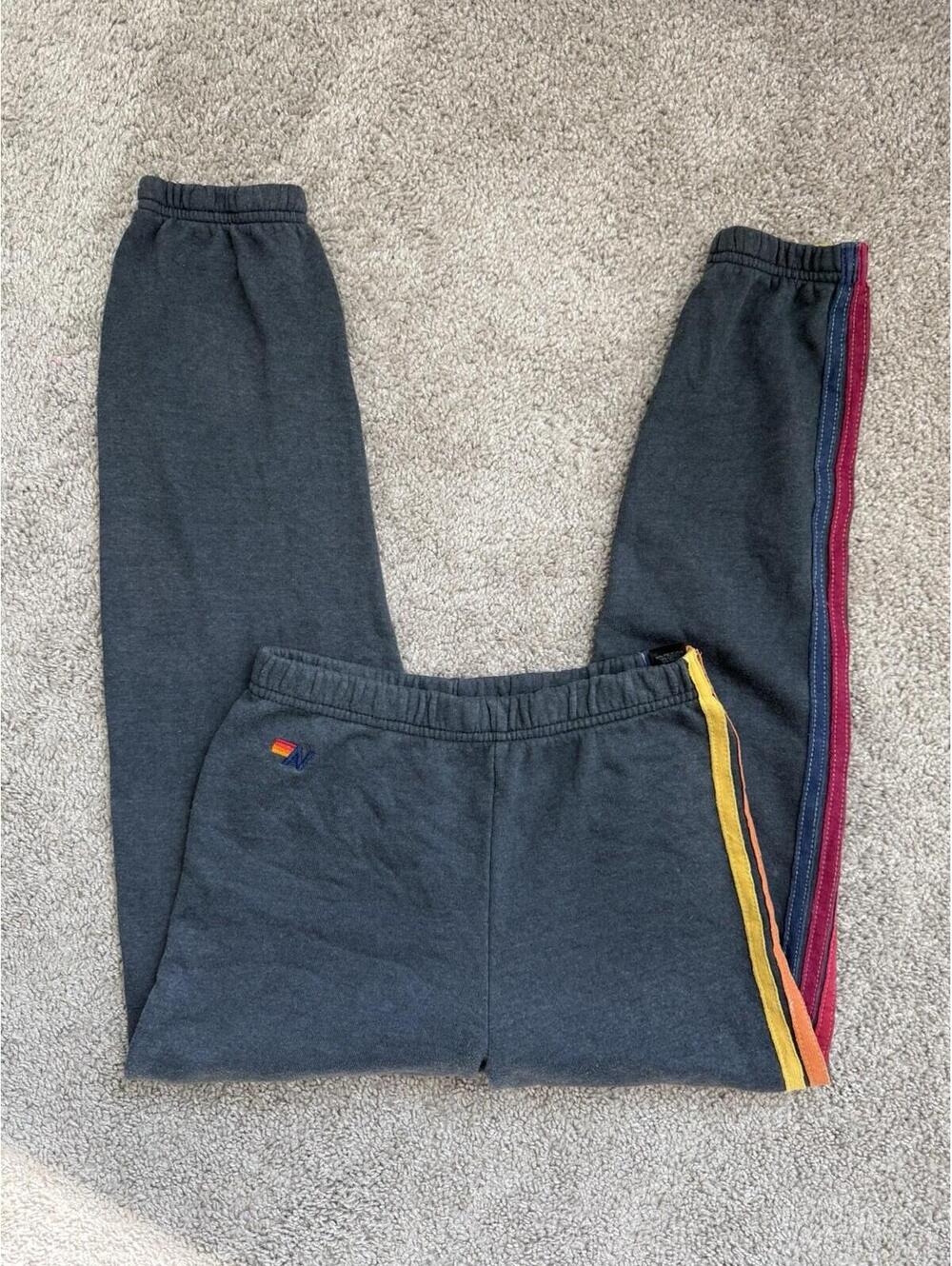 Aviator Nation Kids Charcoal Grey Rainbow Stripe Sweatpants Joggers Size 14 USA